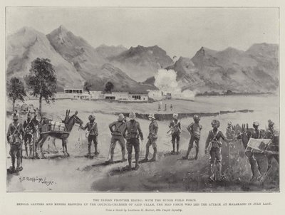 Der Aufstand an der indischen Grenze, mit der Buner-Feldtruppe, Bengal Sappers und Miners sprengen die Ratskammer von Said Ullah, dem verrückten Fakir, der den Angriff auf Malakand im Juli letzten Jahres anführte von Henry Charles Seppings Wright
